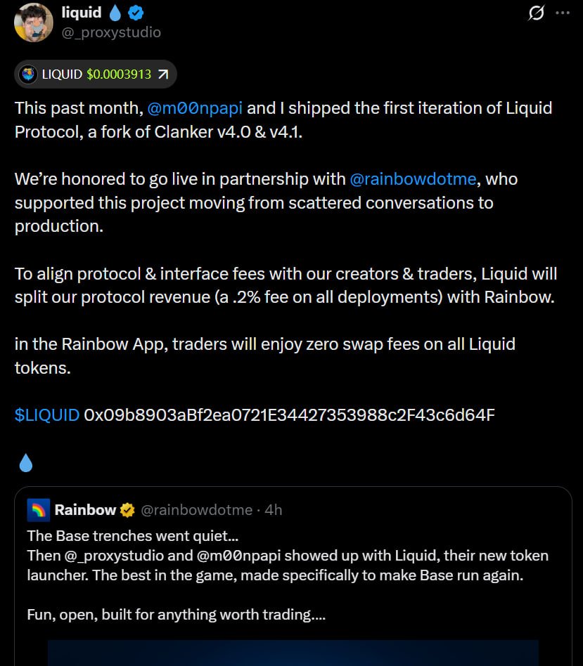 BioStone_chad's tweet photo. $LIQ #Base 3.5M
Liquid ( Co-founder Clanker ) and #m00npapi launched Liquid Protocol, partnered with Rainbow, sharing revenue and offering free swaps for traders.
Might have to compete with other launch platforms, but if there’s a token representing the brand, the platform can grow further.
0x09b8903aBf2ea0721E34427353988c2F43c6d64F