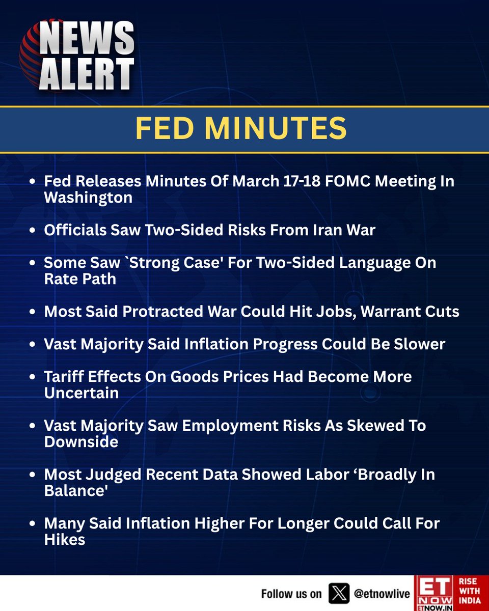 ETNOWlive's tweet image. #NewsAlert | Federal Reserve flags rising uncertainty in March FOMC Meeting March 17–18 minutes, citing two-sided risks from Iran war, inflation staying higher for longer and potential downside risks to jobs 

#FederalReserve #FOMC #Inflation #InterestRates #GlobalEconomy