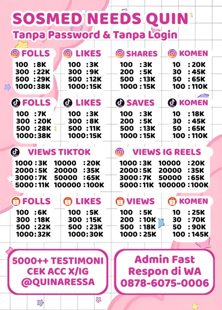 shuwters's tweet photo. openkss dan ready sosmed needs

ak jual beli followers tiktok ig instagram tt vt shopee folls upfoll indonesia indo likes views like uplike view share save jasa buzzer komen comment murah trusted kkzielo zonauang tambah

5K+ Testimoniy sejak 2018
Order/cari testi ada dibio https://t.co/IAoeiX4frA