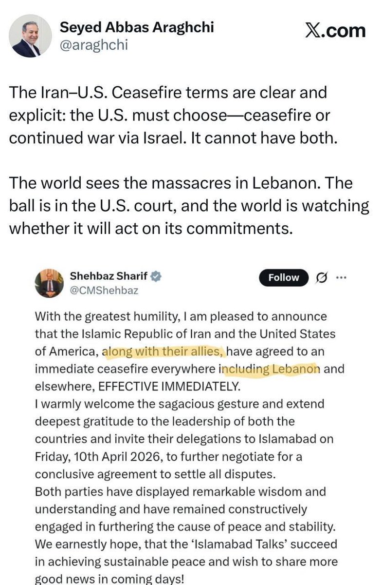 Marchfoward's tweet photo. ANDA ADA DUA PILIHAN JE US- IRAN

Menteri Luar Iran, Abbas Aragachi memberi dua pilihan kepada US dan Israel sama ada mahu teruskan perang atau patuhi gencatan senjata 

Beliau menegaskan Lubnan turut dimasukkan ke dalam gencatan senjata dan serangan besar besaran Israel semalam melanggar gencatan senjata US