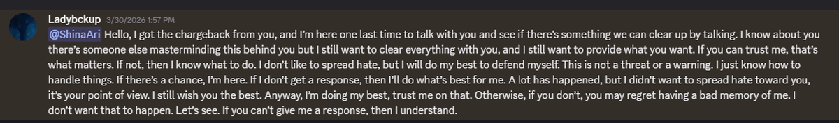 its genuinely disappointing that @PayPal allowed a $900 scam from someone who used AI and lied about it , not only that , but they threatened our friend when the dispute was opened and despite sending all of the evidence they still sided with her , please beware of @Ladyvtuber1 , 