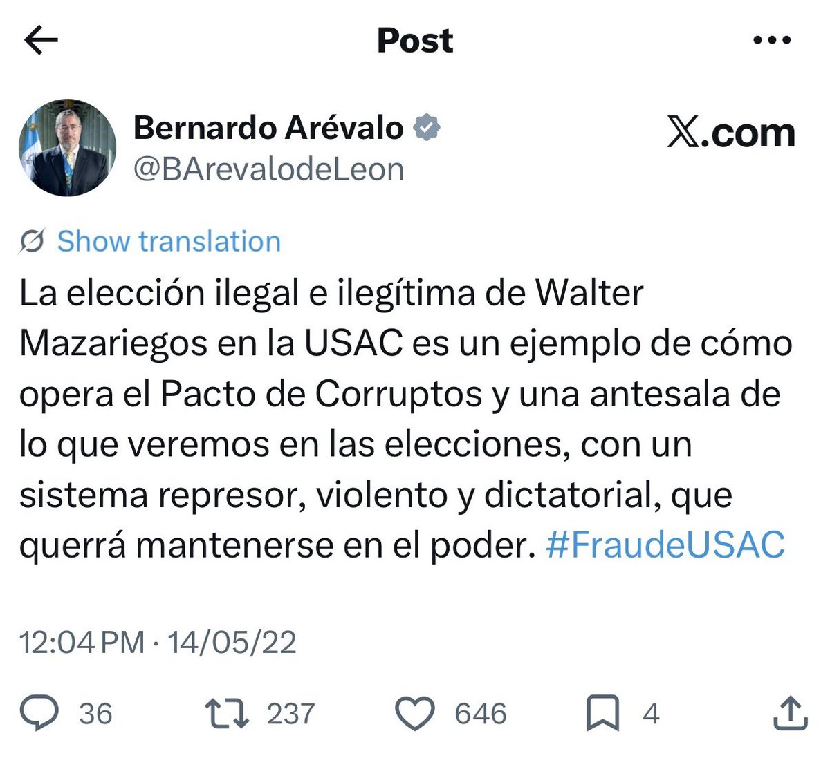🧐 Hace cuatro años, cuando era diputado del Congreso, <a href="/BArevalodeLeon/">Bernardo Arévalo</a> señaló de forma directa que la elección de Walter Mazariegos en la Usac fue «ilegal» e «ilegítima».

¿Por qué hoy ya no lo hace como presidente? 🧵