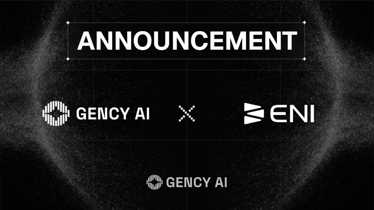 GENCY_AI's tweet photo. Gency AI x @ENI__Official 

We’re excited to partner with ENI, a trillion-scale modular L1 engineered for massive commercial adoption, powered by its ENI Matrix architecture and Hyper-ordered Parallel Engine for global-scale execution and real-time settlement.

This collaboration focuses on aligning execution and settlement across two systems—where ENI enables high-throughput, parallelized on-chain operations, and Gency defines and enforces verifiable outcomes through structured data and programmable settlement. Together, this creates a unified layer where enterprise-grade logic, capital flow, and outcome verification operate with precision, scalability, and minimal ambiguity.