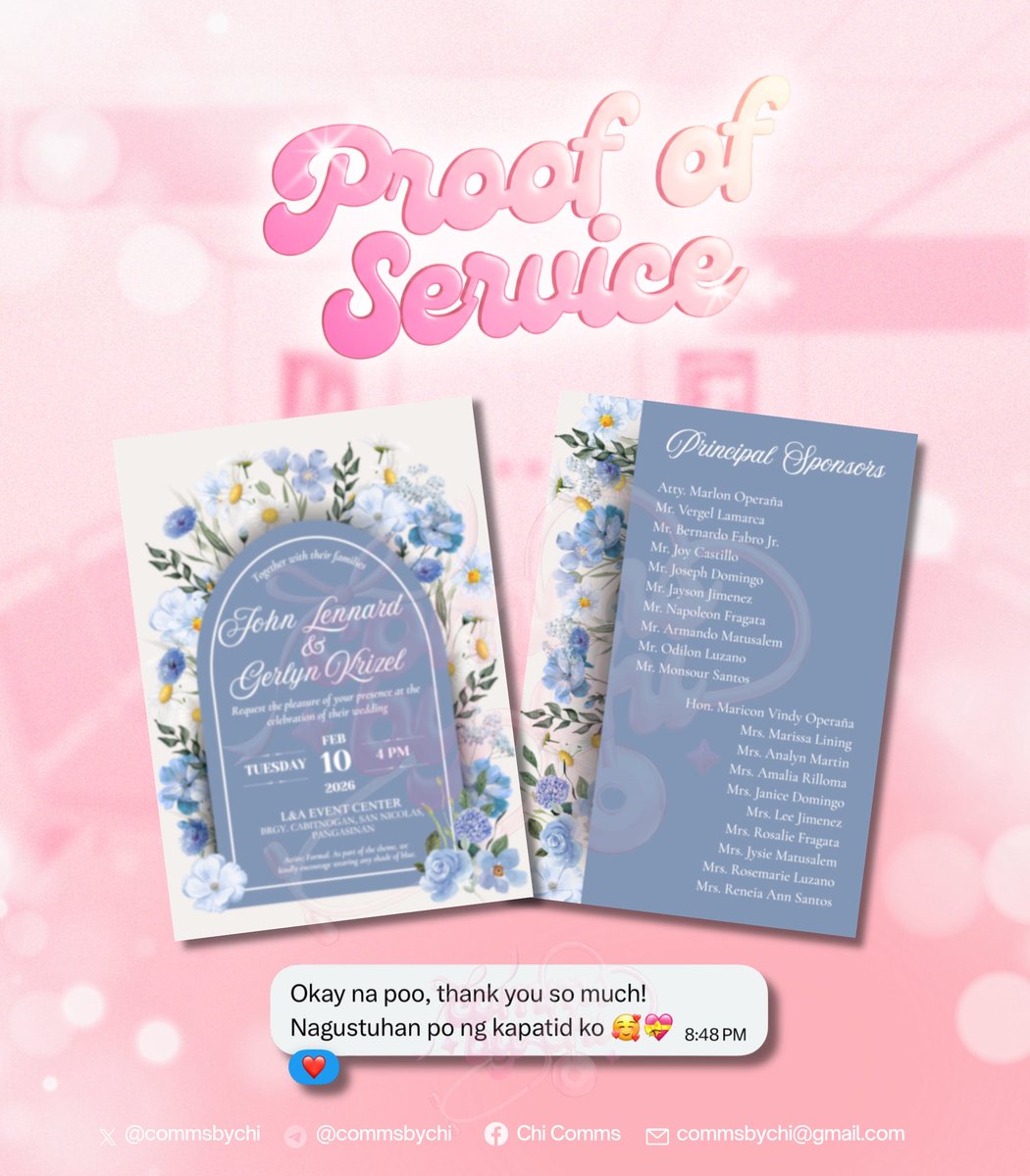 🎀 — 𝑷𝒓𝒐𝒐𝒇 𝒐𝒇 𝒔𝒆𝒓𝒗𝒊𝒄𝒆𝒔 #ChiVouches 

Task: Wedding Invitation 

Thank you so much for trusting Chi’s Comms with your academic needs ♡