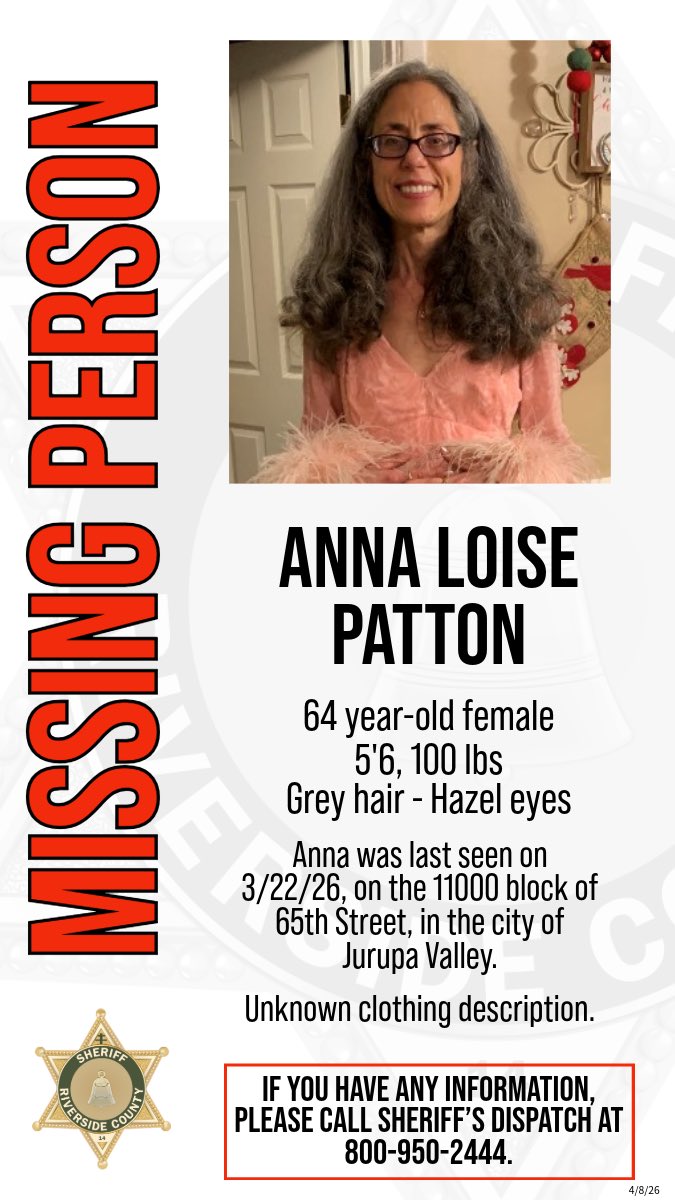 RSO's tweet image. #MissingPerson - Anna Loise Patton

If you have any information on Anna’s whereabouts, please contact RSO dispatch at 800-950-2444. 

Thank you.