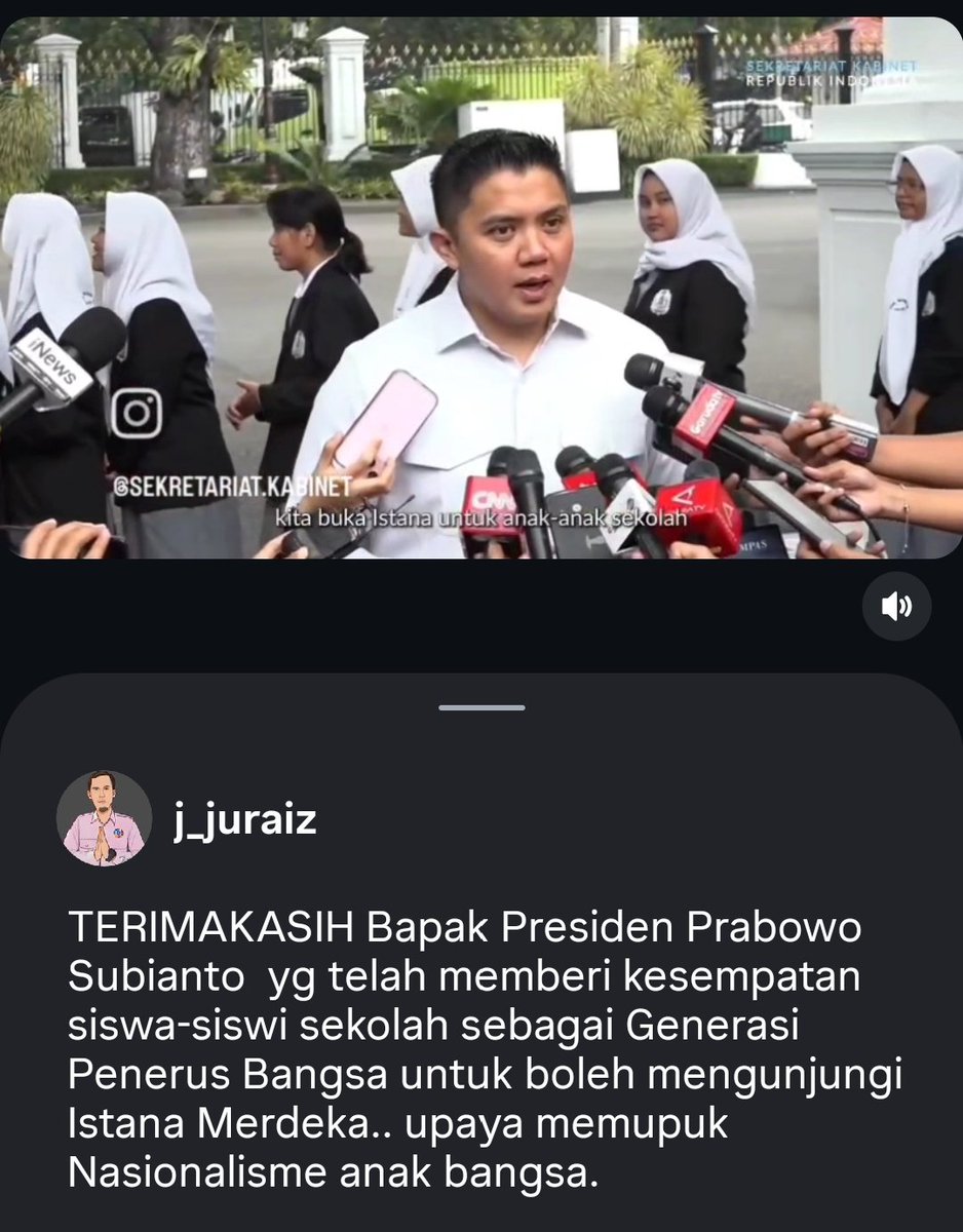jjuraiz's tweet photo. TERIMAKASIH Bapak Presiden Prabowo Subianto  yg telah memberi kesempatan  Generasi Penerus Bangsa untuk boleh mengunjungi Istana Merdeka #MemupukNasionalismeAnakBangsa
@YandriSusanto 
@SekretariatNegaraRI 
#BPSDMKementerianDesaPDT
#TerimakasihBapakPresiden  #IstanaMerdeka https://t.co/uyzawpemCn