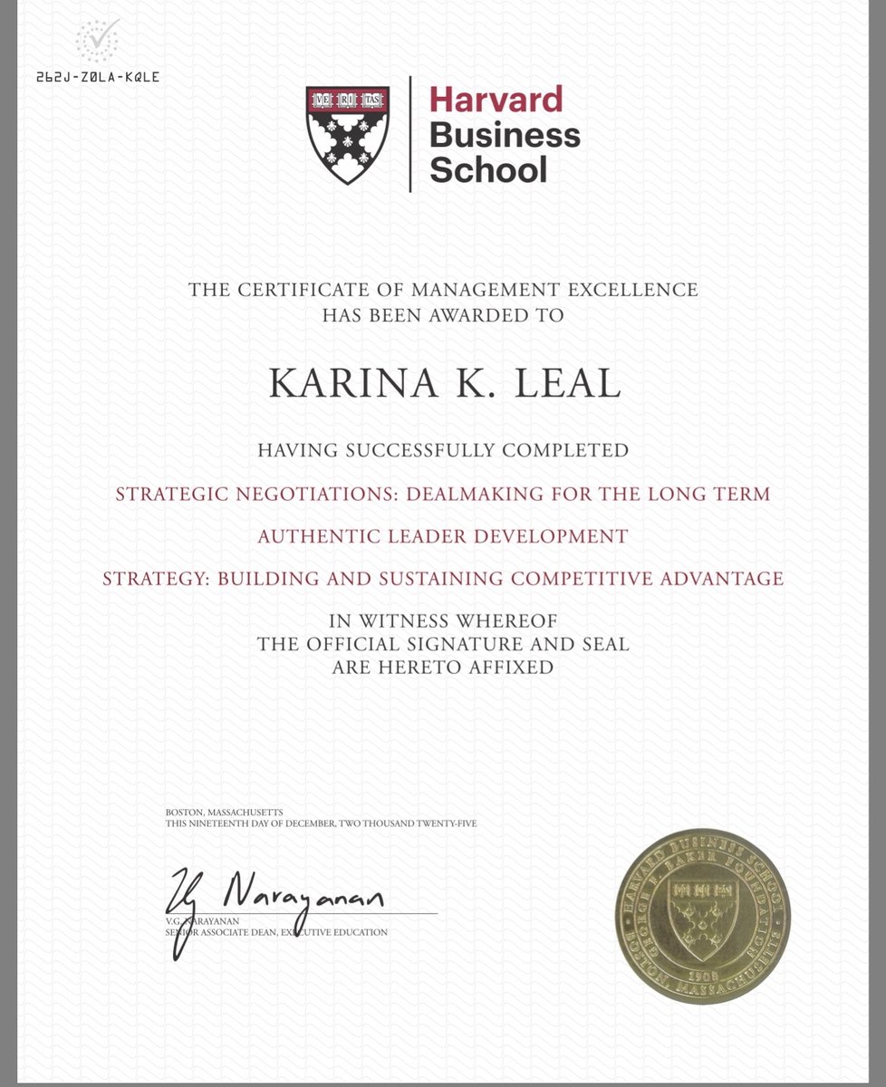 karinaleal's tweet photo. Harvard Business School ✔️

Completed the Certificate of Management Excellence focused on strategy, negotiation & leadership.

In real estate, deals aren’t won by chance — they’re won by strategy.

Bringing that edge to every client I represent.

#RealEstate #Negotiation #leadershipthatdelivers