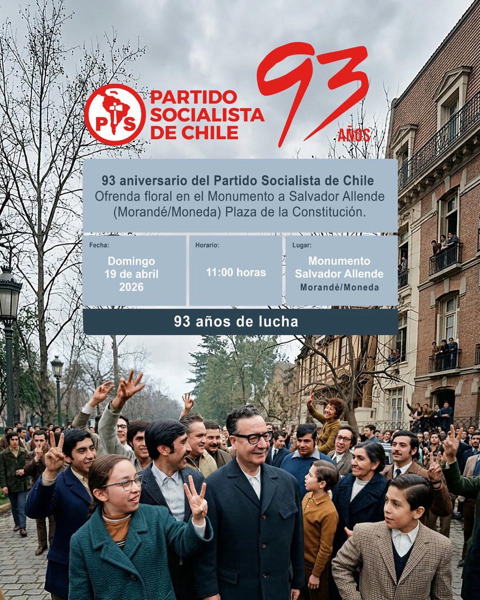 PSChile's tweet photo. En el marco del 93° aniversario del Partido Socialista de Chile, invitamos a militantes, adherentes y a la ciudadanía a participar en la entrega de una ofrenda floral en el monumento a Salvador Allende.
Un espacio de memoria y compromiso con su legado y con la construcción de un https://t.co/bDlSIogJOL
