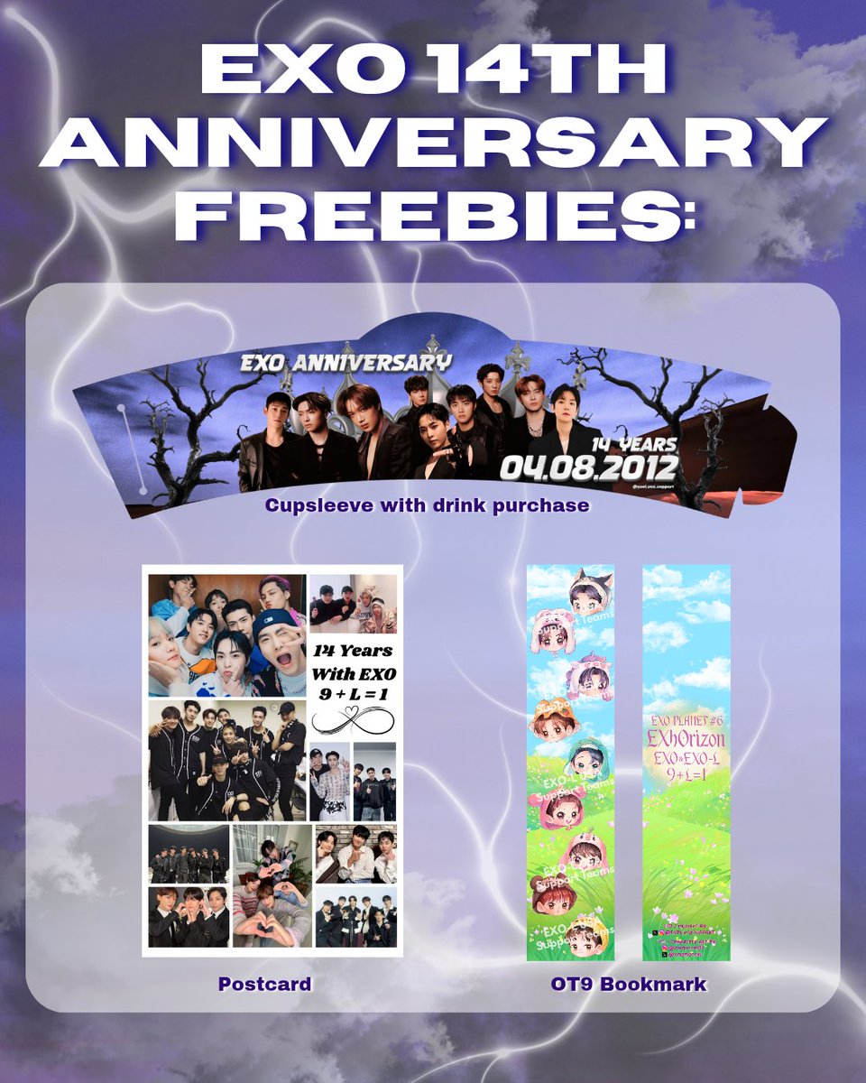 Getting closer to our EXO Anniversary cupsleeve this weekend! We'll be giving out cupsleeves with every drink purchase along with an OT9 bookmark &amp; postcard

Hope to see you there!🥳💖
#dfwcupsleeve #exol #exocupsleeves #14YearsWithEXO
#EXO14thAnniversary
#OurUniverseCalledEXO