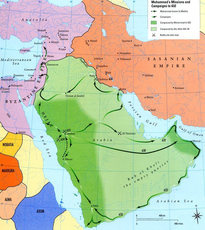 Mahoma se expande despues de cientos de años de desgaste entre Roma-Bizancio y Persia.

Jamás pensaron que serían atacados por los árabes desde abajo.

Creo que Mahoma habría ganado igualmente al menos en Egipto, Siria, Mesopotamia y Persia por el simple hecho de que tenía un