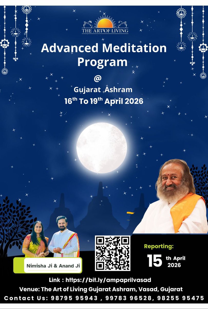 anand__desai's tweet image. 🌟 _Silence is not empty - it is full of answers._

“Advanced Meditation Program” @ArtofLiving @GujaratAshram 

🗓️16th to 19th April

🔗 Reg. Link:
bit.ly/ampaprilvasad

📞 
98795 95943 |
99783 96528 |
98255 95475
@nipudesaiin #happiness #celebration #peace #meditation
