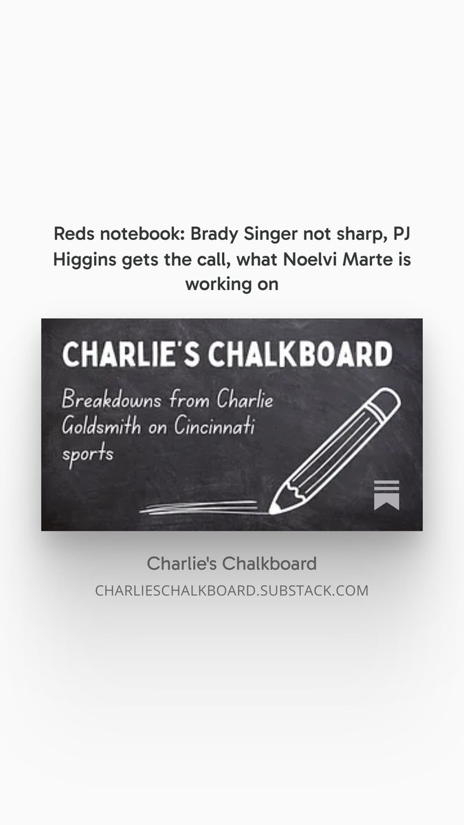CharlieG__'s tweet image. Reds notebook

-Brady Singer on his struggles through three starts
-PJ Higgins gets the call after a 1,281 day wait. 
-What Noelvi Marte is working on

charlieschalkboard.substack.com/p/reds-noteboo…