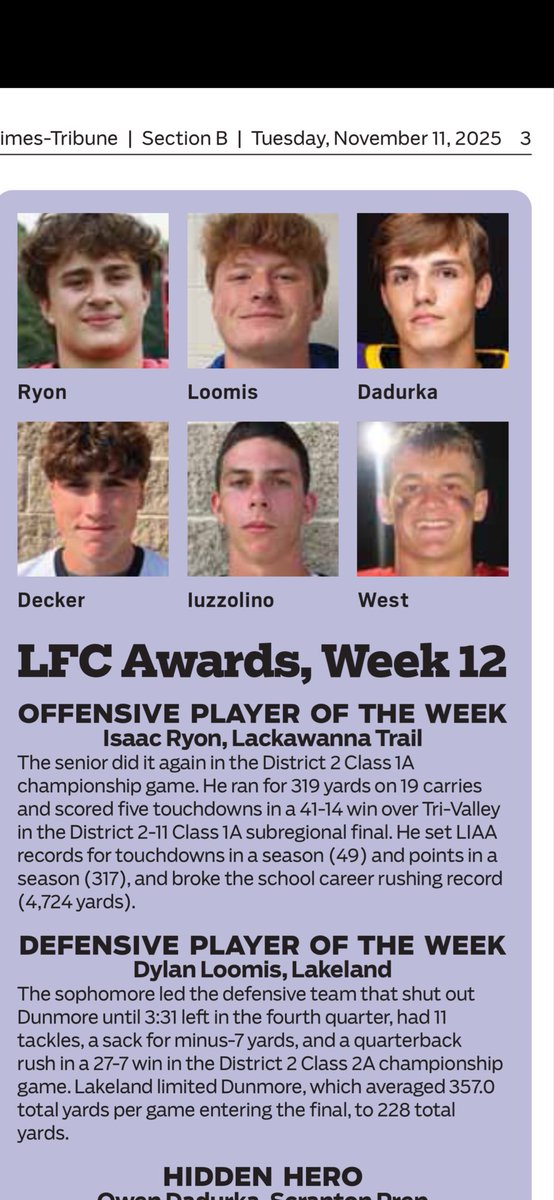 DylanLoomis8's tweet photo. Reposting from my Sophomore Season (2025). Times Tribune Defensive Player Of the Week. https://t.co/SwZCLNTOhq