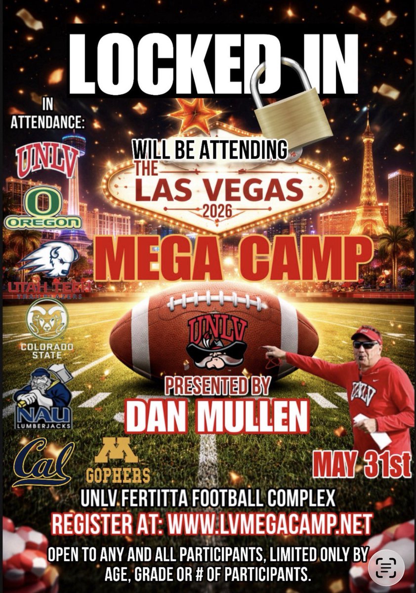 Excited to say I’ll be competing at the UNLV mega camp may 31st! <a href="/lvmegacamp/">Las Vegas Mega Camp</a> <a href="/recruitvegas/">Recruit Vegas</a> <a href="/MikeWatersP1/">Michael Waters | Phase 1 Sports, Inc</a> <a href="/BrandonHuffman/">Brandon Huffman</a> <a href="/aggiefootball05/">Arbor View Football 🏈</a> <a href="/CoachNorris34/">Sam Norris</a> <a href="/RyanBartow/">RyanBartow</a> <a href="/PrepRedzoneNV/">Prep Redzone Nevada</a>