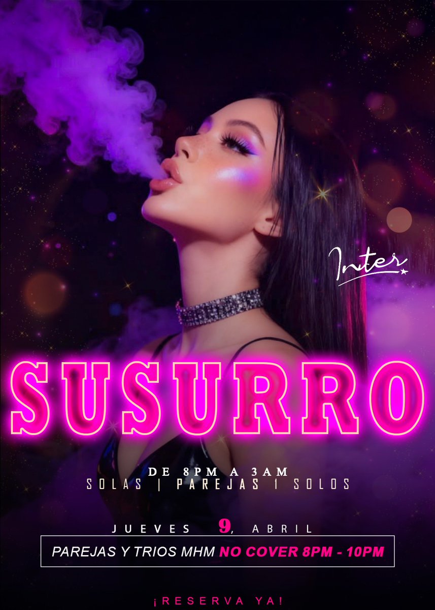 ✨ SUSURRO | Jueves 09 🥂
Masajes, sauna y confort. 💆‍♂️🧖‍♂️
8PM a 3AM | Mixto.
¿Sin plan? ¡Nos vemos en Inter Spa! ✨
#swingerçift #Parejashot #Parejassw #unocorngirls #Single