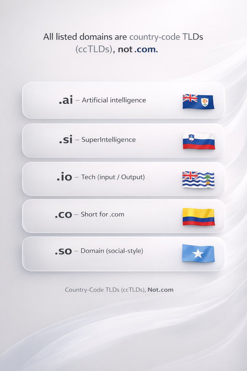 Superintell_'s tweet image. All listed domains are country-code TLDs (ccTLDs), not .com

1..ai → Artificial Intelligence 🇦🇮
2..si → SuperIntelligence 🇸🇮
3..io → Tech (input/output) 🇮🇴
4..co →  (.com alternative)🇨🇴
5..so → Social / domain hacks 🇸🇴