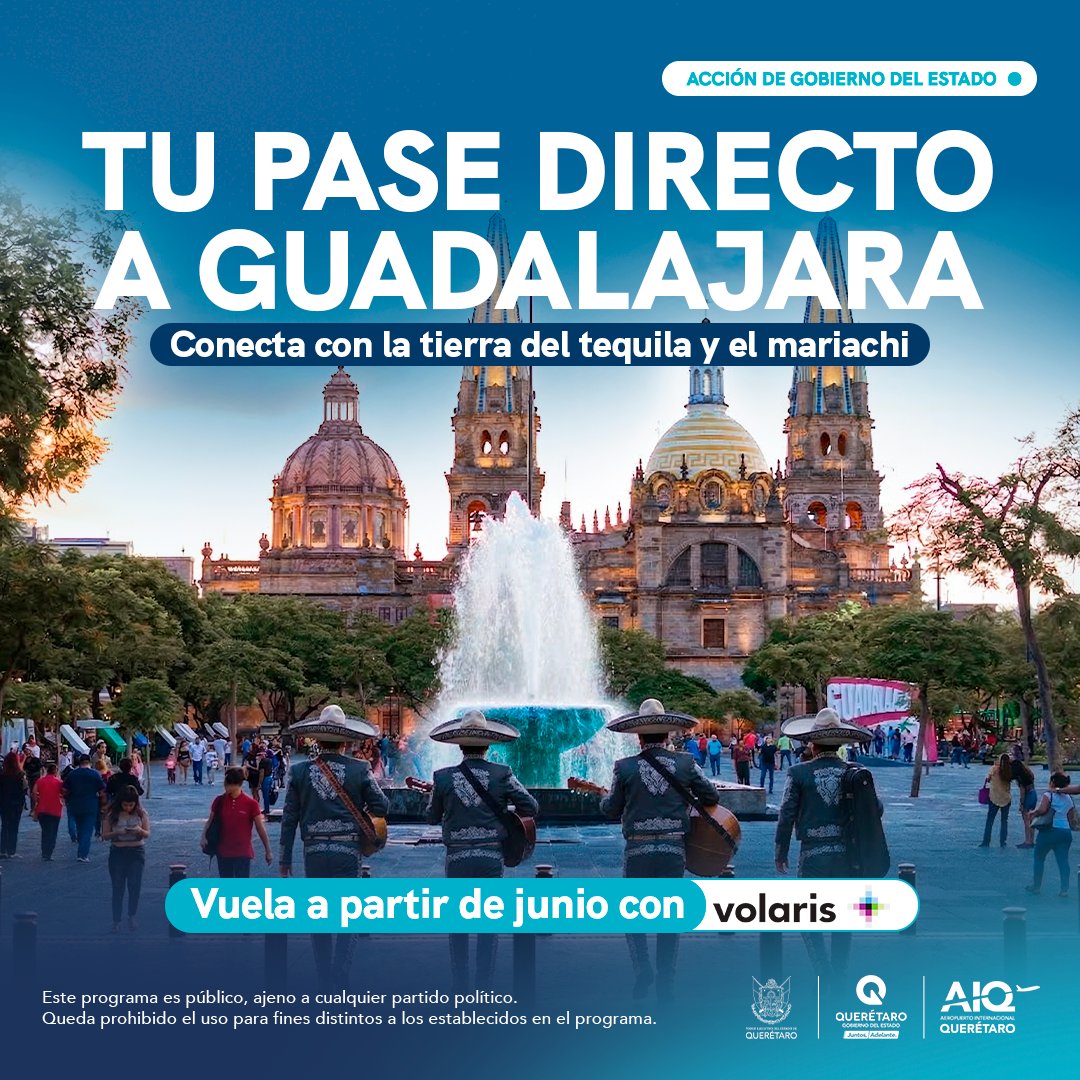 ADQueretaro's tweet image. ¡Tu pase directo a la tierra del #tequila y el #mariachi! 🎻🥃 Vive la esencia más pura de #México recorriendo las calles de #Guadalajara.
Vuela a partir de junio con @viajaVolaris saliendo del @AIQ_MX✈️