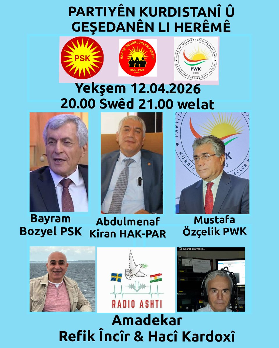 Programa vê yekşemê, 12.04.2026 Demjimêr 20.00 Ewropa 21.00 Kurdistan 
Youtube Radio Ashti  @radioashti@7734
