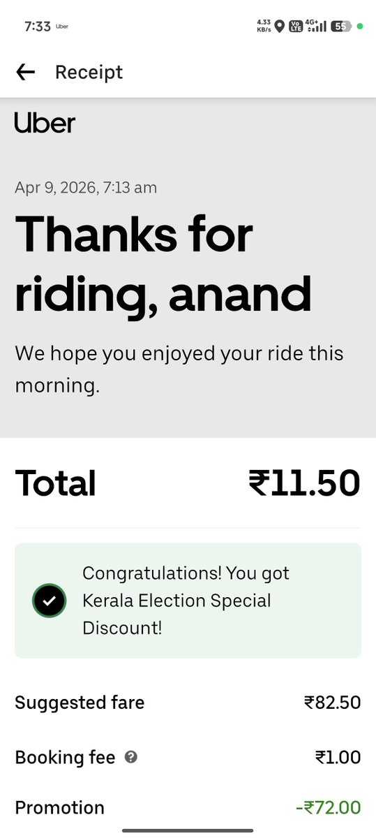 anandmathai's tweet photo. Good job @Uber_India @Uber #keralamelection #keralaelection #election #keralaelection2026 discount for election ride 👍🏻. https://t.co/nGciCojTup