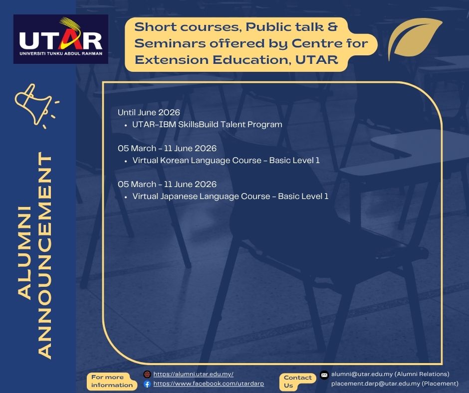 UTARnet's tweet image. Calling all UTAR Alumni! 📢

Check out these important announcements: Job vacancies on JobZone ✅, and a list of upcoming Short Courses &amp;amp; Seminars. 📚 

Don't miss out on these valuable resources and events! 🚀

#UTAR #UTARAlumni #JobZone #ShortCourses #CareerOpportunities