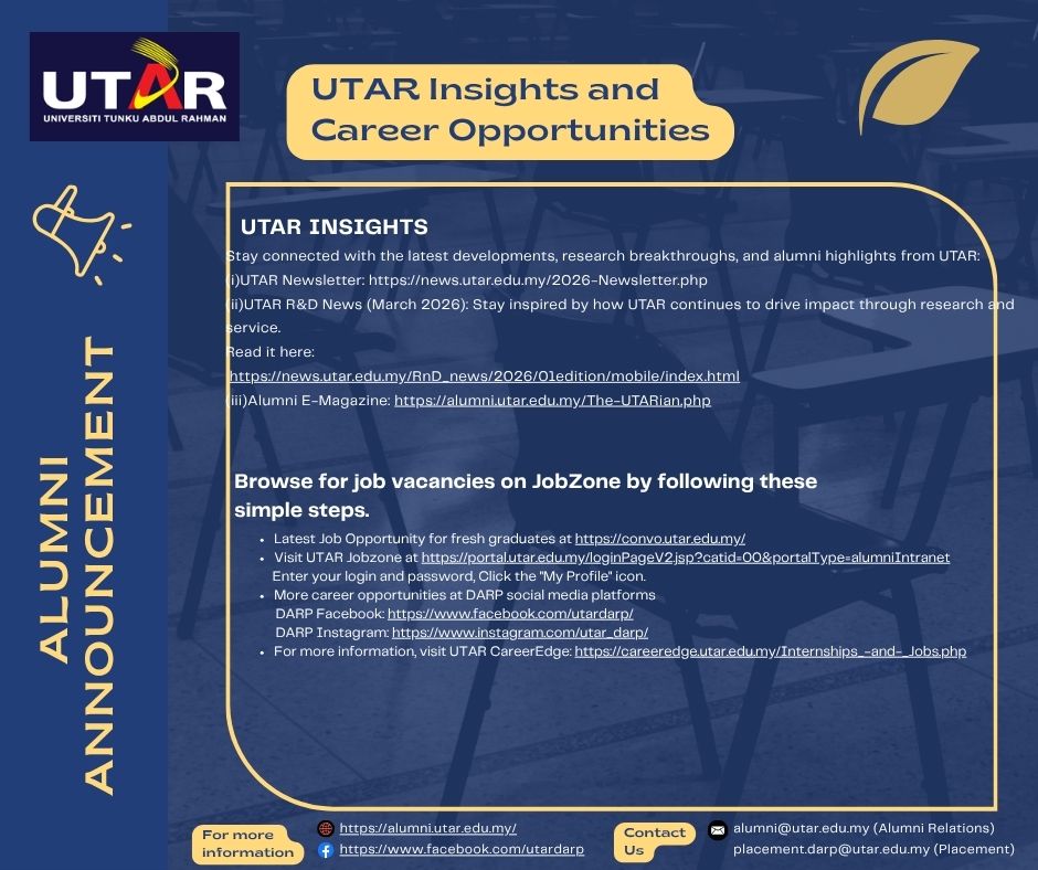 UTARnet's tweet image. Calling all UTAR Alumni! 📢

Check out these important announcements: Job vacancies on JobZone ✅, and a list of upcoming Short Courses &amp;amp; Seminars. 📚 

Don't miss out on these valuable resources and events! 🚀

#UTAR #UTARAlumni #JobZone #ShortCourses #CareerOpportunities