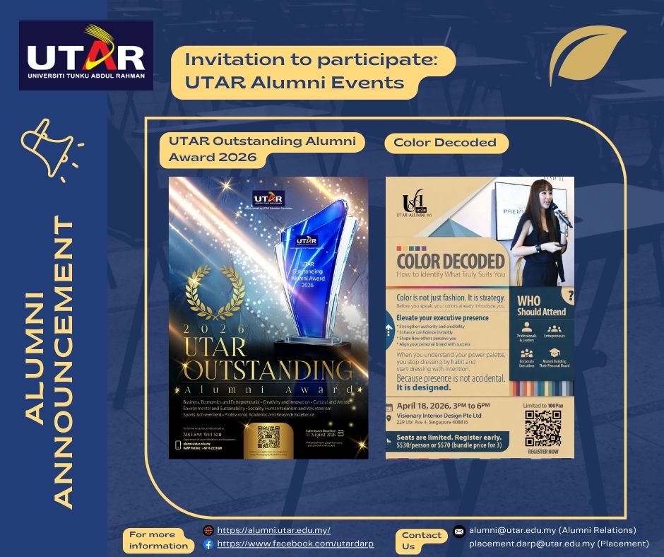 UTARnet's tweet image. Calling all UTAR Alumni! 📢

Check out these important announcements: Job vacancies on JobZone ✅, and a list of upcoming Short Courses &amp;amp; Seminars. 📚 

Don't miss out on these valuable resources and events! 🚀

#UTAR #UTARAlumni #JobZone #ShortCourses #CareerOpportunities