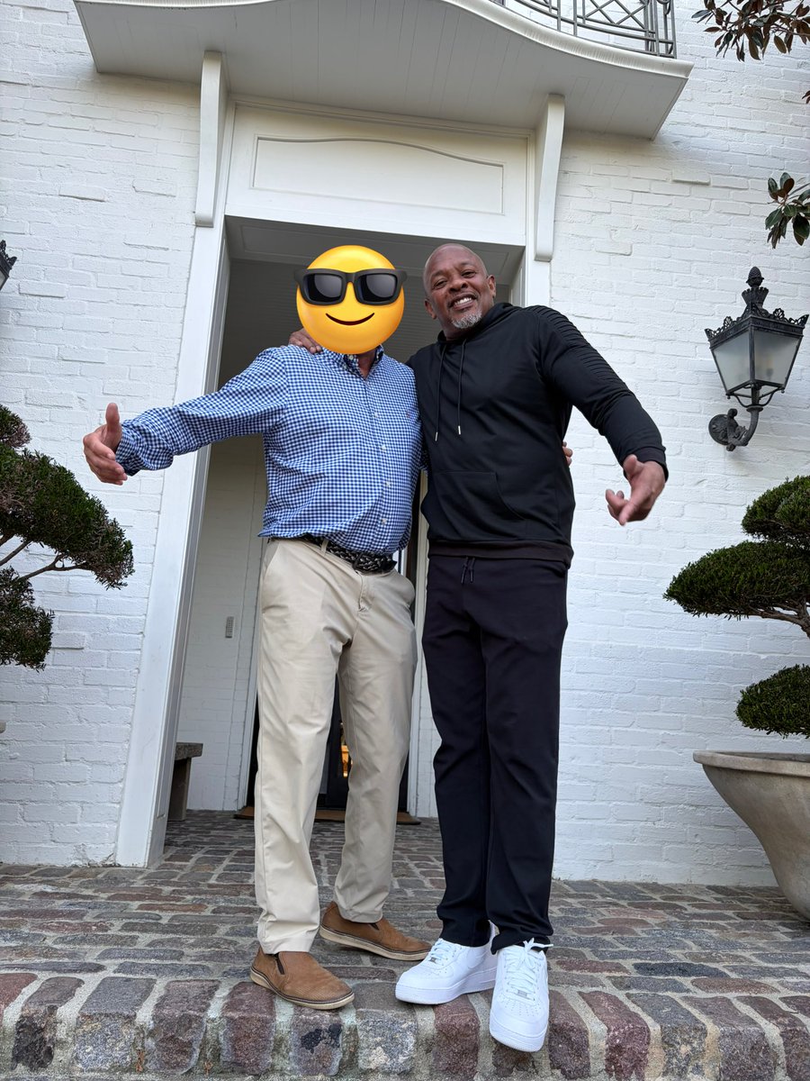 internet_james_'s tweet photo. Father in Law has yet to explain to the family chat where he is and what he’s doing but here he is with Dr. Dre and an original Keith Haring, somehow https://t.co/j4qhYmm3p1