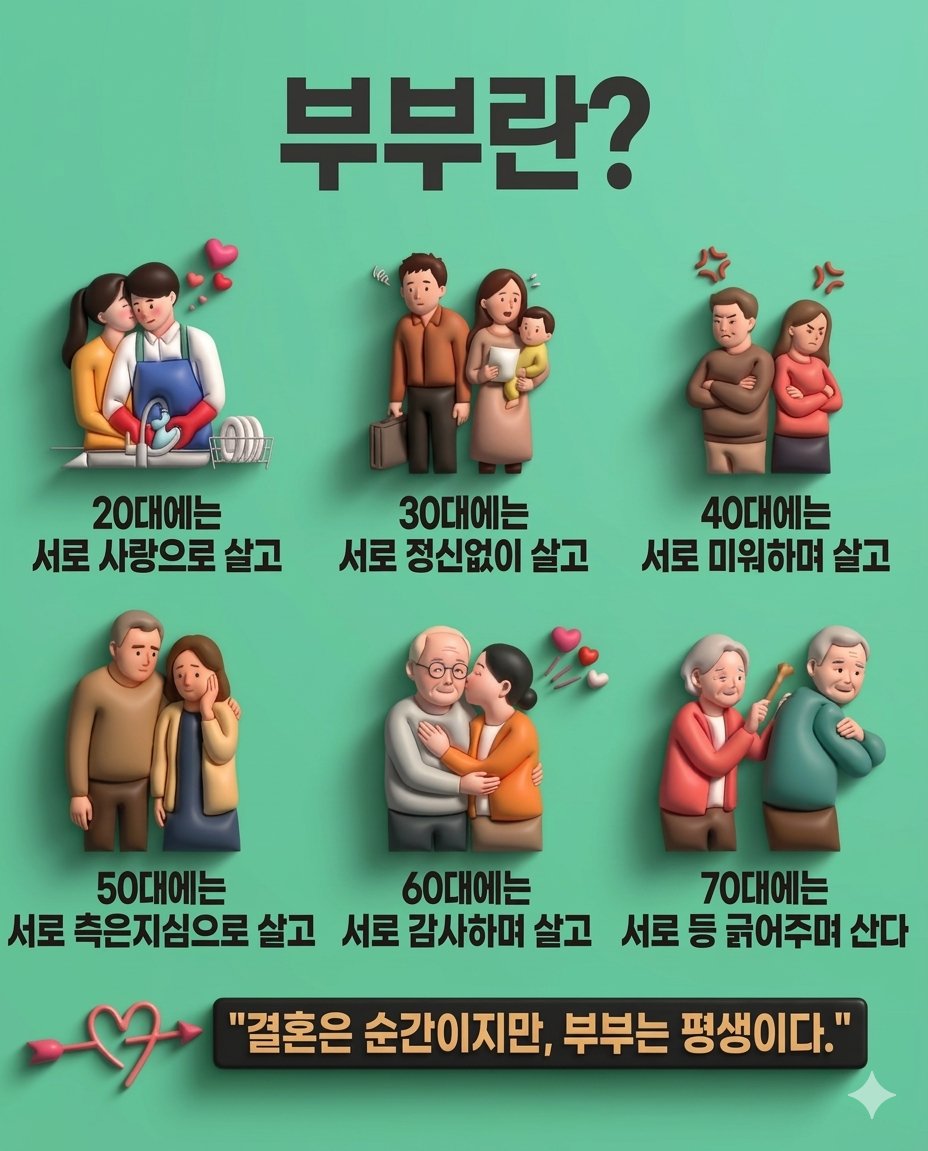 결혼은 순간이지만, 
부부는 평생이다.
사랑으로 시작해 미움과 측은지심을 거쳐, 결국 서로의 등을 긁어주는 사이가 되기까지.
곁에 있는 사람의 소중함을 다시 한번 생각하게 되는 그림.