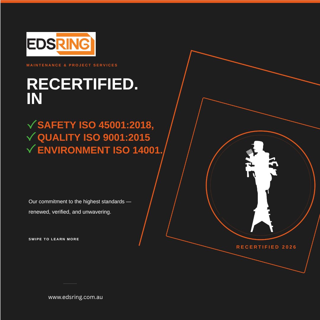 edsring's tweet photo. We don't just say we work to the highest standard — we prove it.
EDSRING is recertified in: ISO 45001:2018 — Safety ISO 9001:2015 — Quality &amp; ISO 14001 — Environment
Independently audited. Embedded in everything we do. find out more https://t.co/hHEVuAc9rN
#FacilitiesMaintenance https://t.co/8P34GoNwcy