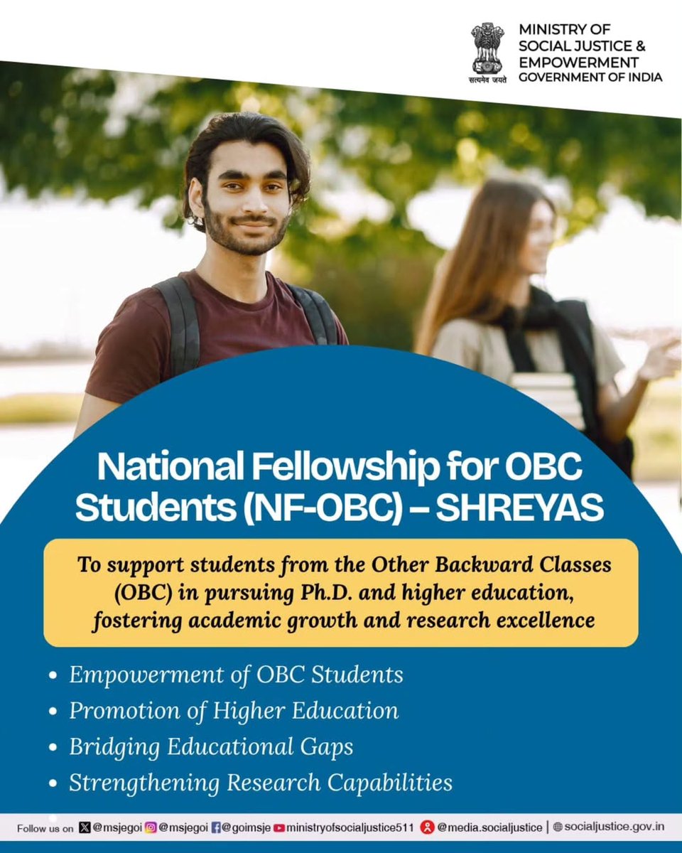 MSJEGOI's tweet image. NF-OBC SHREYAS supports higher education and research for OBC students—build your future today.

राष्ट्रीय पिछड़ा वर्ग छात्रवृत्ति योजना छात्रों की उच्च शिक्षा और शोध में सहायता करती है—आज ही अपना भविष्य बनाएं। #Empowerment

@PMOIndia @narendramodi @AmitShah @Drvirendrakum13