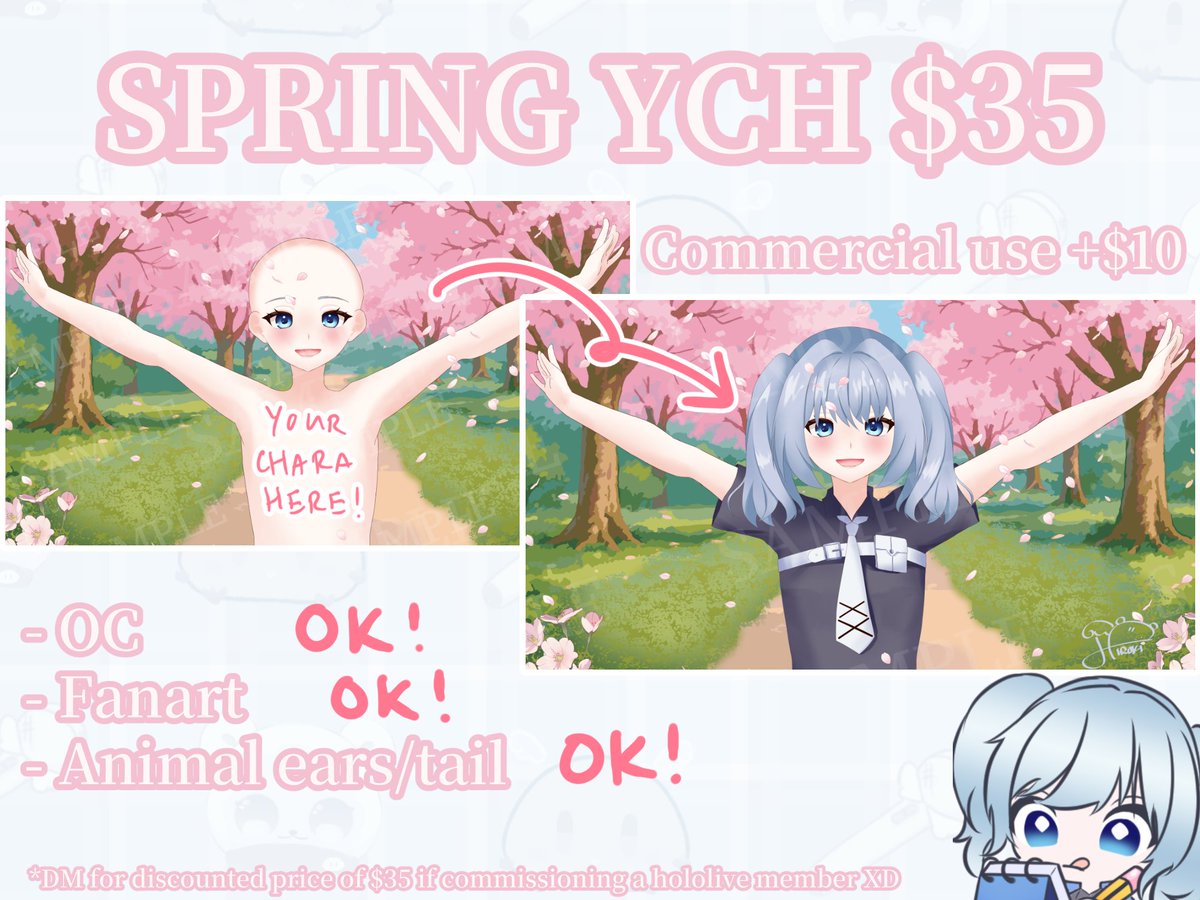 Hi2_chan's tweet image. ✯YCH SPRING 2026✯

• $35.
• Only via ko-fi.
• Physical merch commercial usage is +$10!
• Fanart/OC/Character with animal ears or tail OK!

RT and share are very appreciated
──── #commission #commissionsopen #opencommissions #commsopen ────

Link &amp;amp; sample ↓