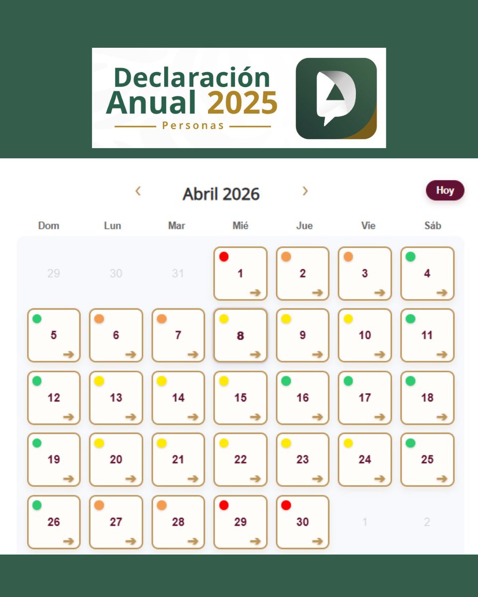 El SAT ha puesto a disposición un calendario con horarios de mayor y menor saturación para la presentación de la Declaración Anual 2025

Consulta el calendario aquí 👇👇👇 sat.gob.mx/minisitio/Decl…