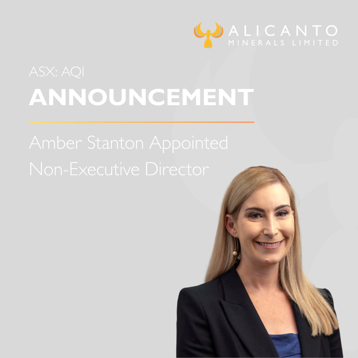Alicanto Minerals (ASX: AQI) welcomes Ms Amber Stanton as Non-Executive Director. Amber brings 25+ years’ experience in legal, governance &amp; capital markets, currently GC &amp; Company Secretary at Bellevue Gold (ASX: BGL).

Read the full announcement here: lnkd.in/g8e35rbj