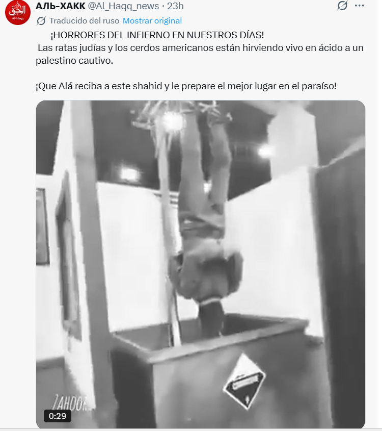 Comparto un capture de la cuenta <a href="/Al_Haqq_news/">АЛЬ-ХАКК</a> 

Hierven vivo en un ácido a un palestino cautivo, al  minuto lo eliminaron.