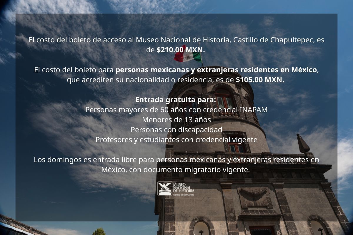 Museodehistoria's tweet image. #Recuerda El museo no cambia su horario en #vacaciones. Abre todo el año de martes a domingo, 9 am. a 5 pm. Te recomendamos llegar temprano y venir hidratado o hidratada. Los costos son los siguientes: 
.
.
.
#MuseoNacionalDeHistoria #CastilloDeChapultepec