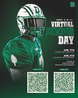 WBesseghin3232's tweet photo. Big thanks to @DartmouthFTBL @coachirishodea for the virtual junior day invite!! https://t.co/jdS8rhdOQU