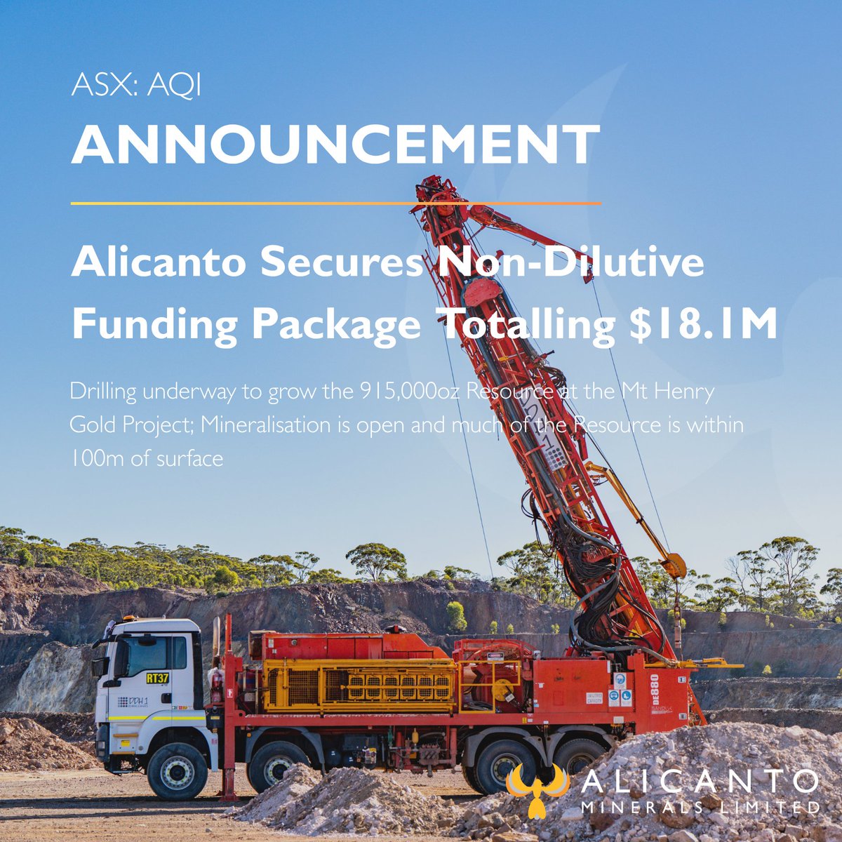 Alicanto Minerals (ASX: AQI) has secured A$18.1M non-dilutive funding from Stria Lithium (TSX-V: SRA) to advance the 915,000oz Mt Henry Gold Resource. Diamond drilling is underway to test and expand the system.

Read the full announcement here: lnkd.in/g8e35rbj