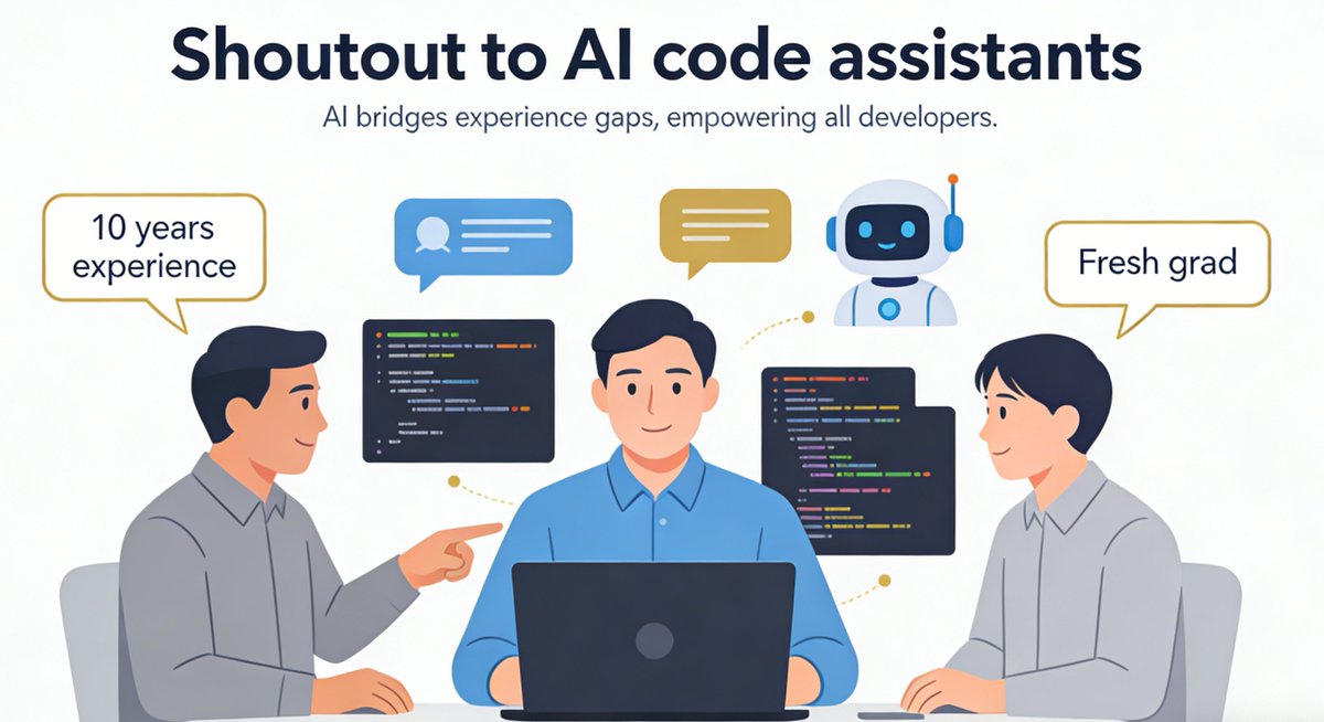 Shoutout to AI code assistants.I’ve become a full-stack engineer, and suddenly 10 years of experience vs. fresh grad doesn’t feel that different anymore.
