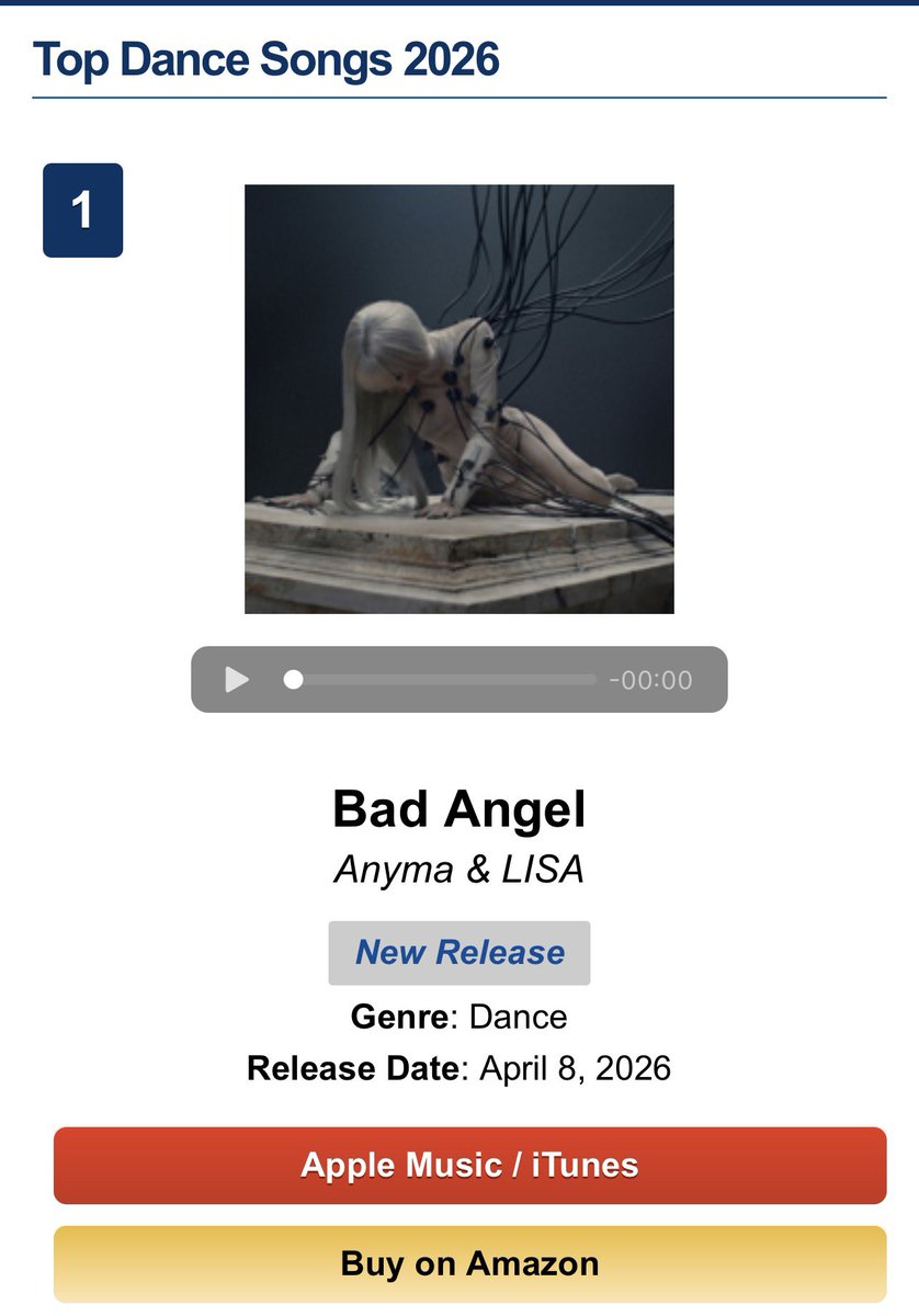 “Bad Angel” debuts at #1 on the US iTunes Dance Songs Chart:

🪽It becomes LISA &amp; Anyma’s first #1 in the category.

c/o LisaOnCharts 

<a href="/wearelloud/">LLOUD</a> <a href="/anyma_eva/">anyma</a> <a href="/UMusicThai/">Universal Music Thailand</a> 

BAD ANGEL OUT NOW
#LISAxBadAngel
#ANYMAxLISA