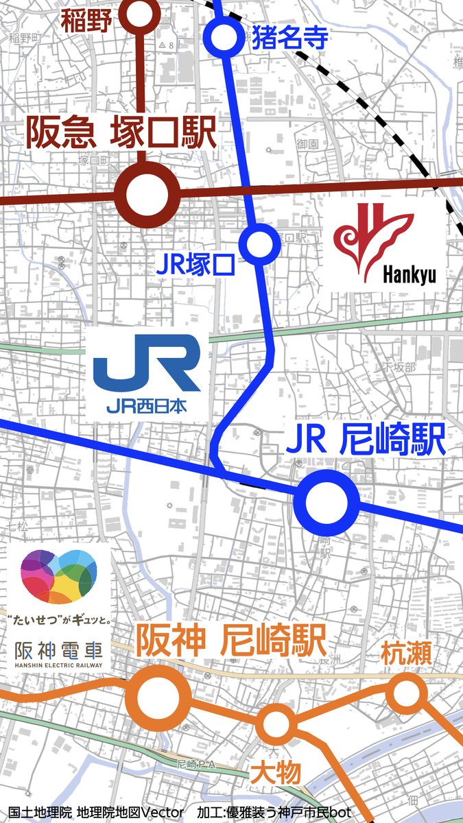 kobeshimimbot's tweet photo. 【阪神間 3路線の距離の違い】

尼崎：遠すぎだろ……とても歩いて乗り換えられない

夙川：かなり近い！ 歩いても15分かからない距離

六甲：なんか遠くなってない!? 歩けなくはないけど……

三宮：ようやく同じ場所になった！

(地図画像 国土地理院 地理院地図Vector) https://t.co/BlJYdcckfs