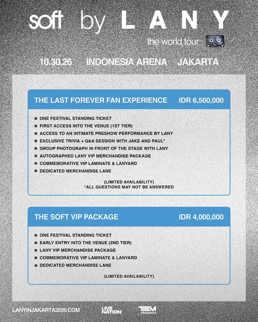 wuffwuffjen's tweet photo. OPEN JASA WAR 🎟️✨
LANY – “soft” THE WORLD TOUR 2026
📍 Indonesia Arena, Jakarta
📅 October 30, 2026
Buat kamu yang ga mau ribet &amp; mau peluang dapet tiket lebih aman, aku buka jasa war yaa 🫶🏻
💸 Fee: 200–350/tix (tergantung section) https://t.co/Cr6kgnbAKD