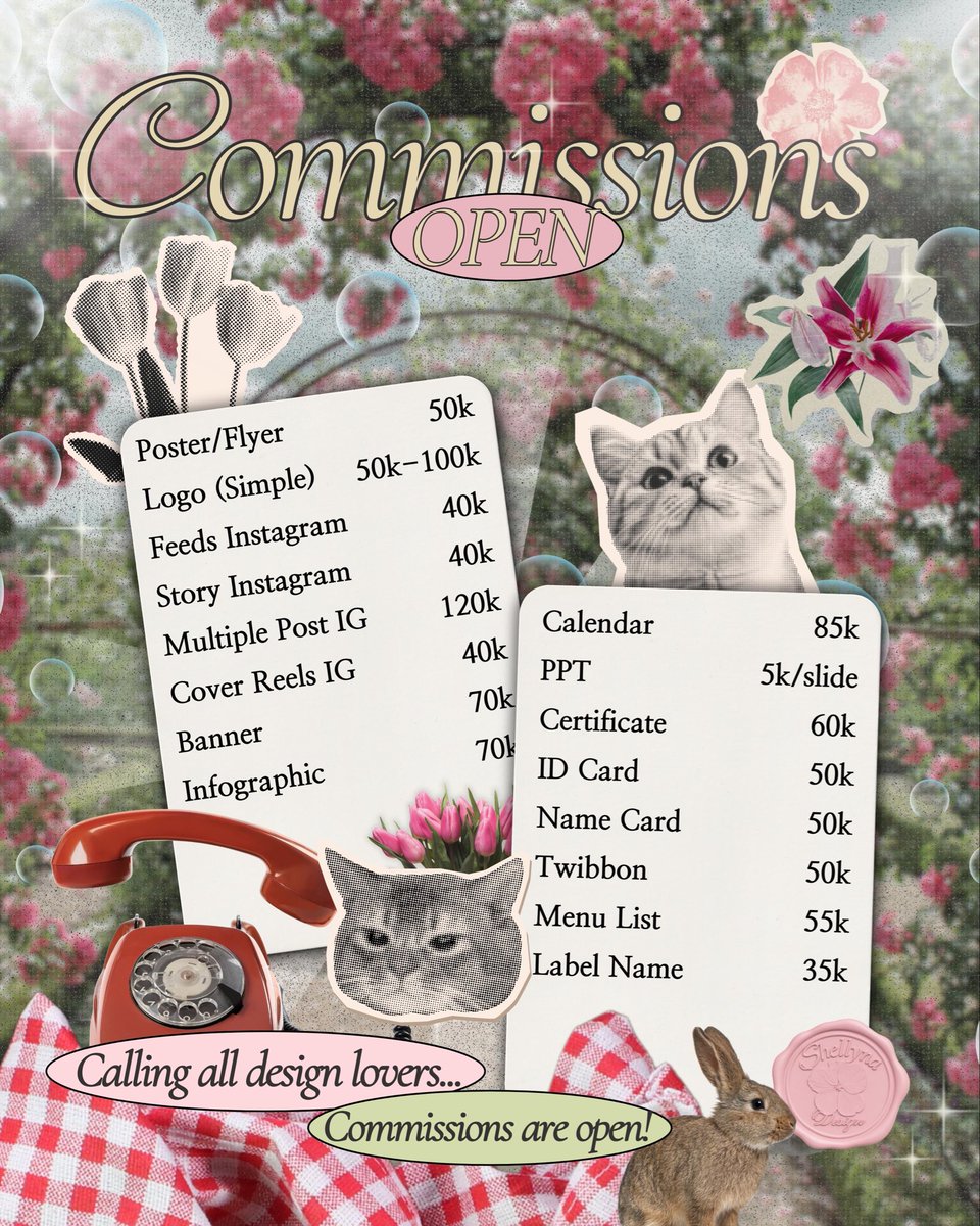 shellynadesign's tweet image. Hi!🌷 Now accepting new design commissions!

Yuk yang butuh jasa edit desain bisa dm aku, desain bebas sesuai style yang kamu suka! hire me asap~ open 5 slot

portfolio on bio

 #opencommissions #jasaedit #zonajajan #jasadesain #jasadesainmurah
