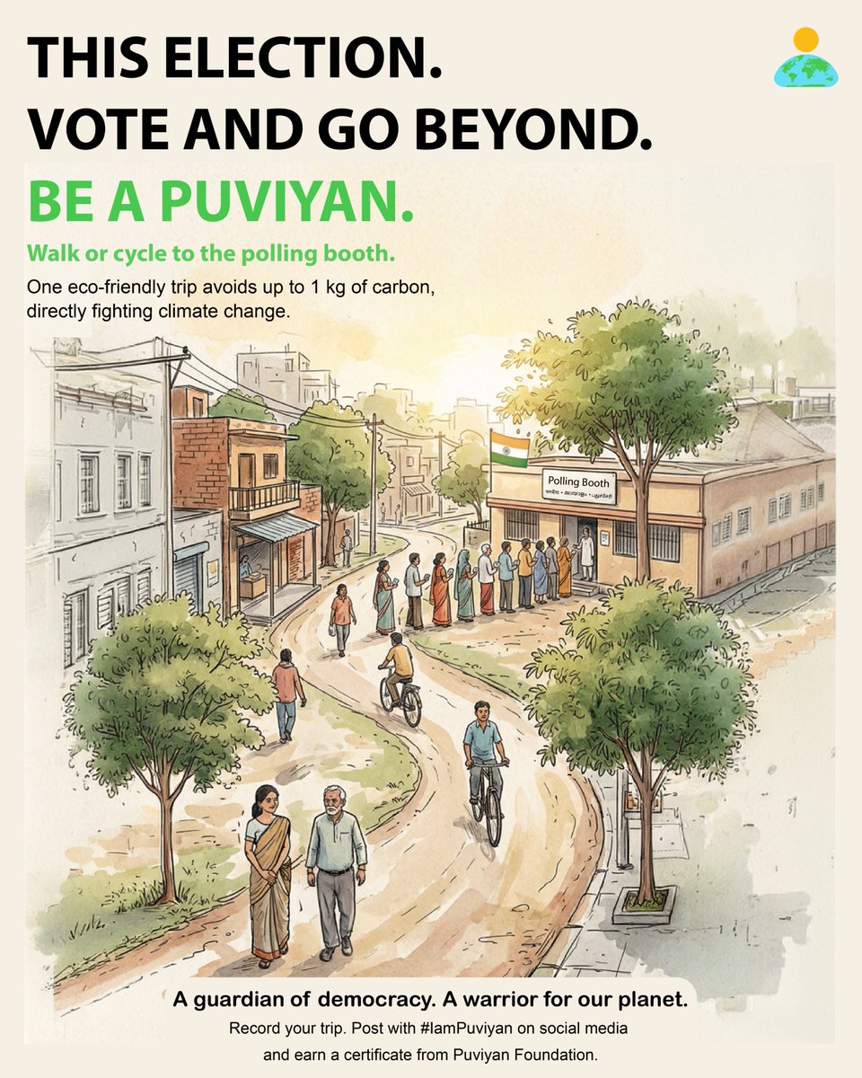 PuviyanFound's tweet photo. Dear people of Assam, Kerala &amp; Puducherry,

Today.
Vote and go beyond.

Be a Puviyan.
Walk or cycle to the polling booth.

@ECISVEEP  @moefcc @CPCB_OFFICIAL @ceoassam62029 @Ceokerala @ceopuducherry 

#IamPuviyan #KeralaElections2026 #AssamElections2026 #PuducherryElections2026 https://t.co/njYmRln7Ap
