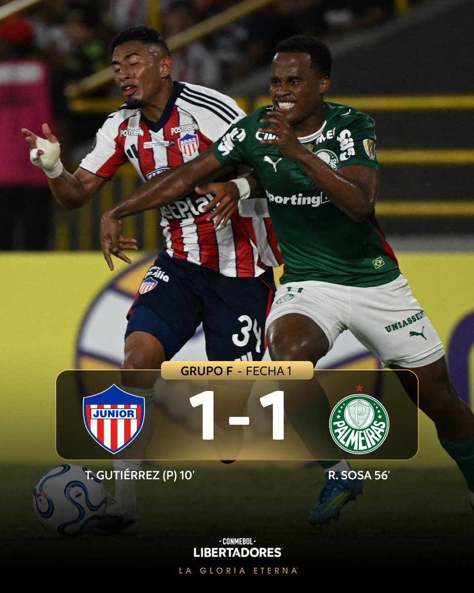𝗘𝗠𝗣𝗔𝗧𝗘 𝗘𝗡 𝗖𝗔𝗥𝗧𝗔𝗚𝗘𝗡𝗔😱
Junior igualó 1-1 con Palmeiras en su debut en la Copa Libertadores🏆 Los tiburones comenzaron arriba en el marcador tras el gol de penal de Teo💥  Sosa🇵🇾 empató el marcador al minuto 56’😥
¿Opiniones?⬇️