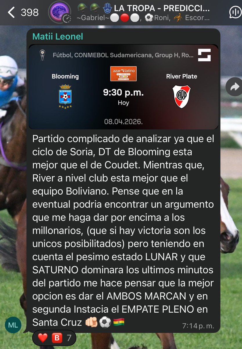 Hoy decidí no dar predicción.
Le di lugar a un amigo que la verdad tiene un futuro prometedor en el ámbito de la astrología, hoy sabía que él lo acertaría.
PLENO. SIN VUELTAS.
“Empate con goles”
#Blooming 🆚 <a href="/RiverPlate/">River Plate</a> 
Un espectáculo #Mati ✍️🫡
Súmate a nuestro grupo♥️