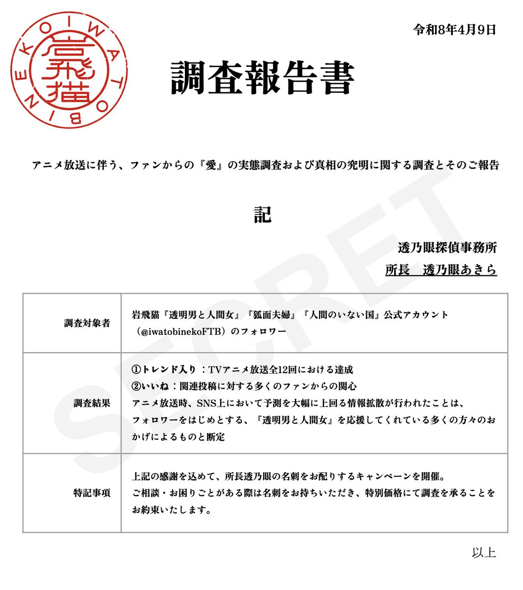 岩飛猫『透明男と人間女』『狐面夫婦』『人間のいない国』公式アカウント tweet media