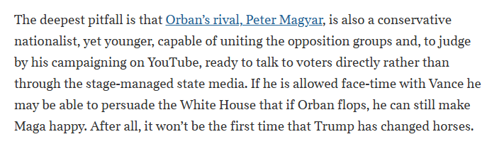 fletcher_rt's tweet photo. Important corrective from @rogerboyes on Hungarian elections. 

An Orban loss doesn't see return to cosy, pro-European consensus. Orban's social policies still widely supported. But people are fed up with crony capitalisism impairing economy. That's the change Magyar promises. https://t.co/VUrBR6RvAq