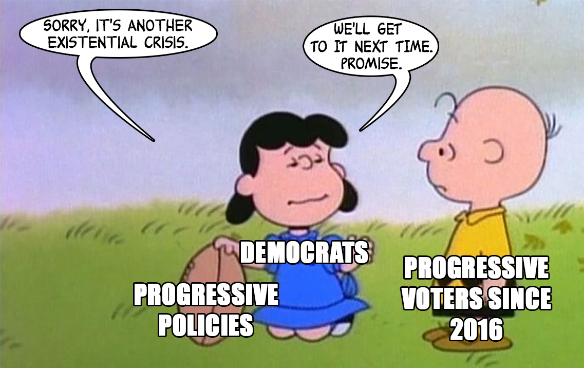 BionicDance's tweet image. Why would I keep on voting for a party whose priorities NEVER seem to match my own?
Why would I vote for a party that NEVER has my back on the policies I care about?

Why would I do that?

If the #Democrats want my vote, I'll be over here...to their left.