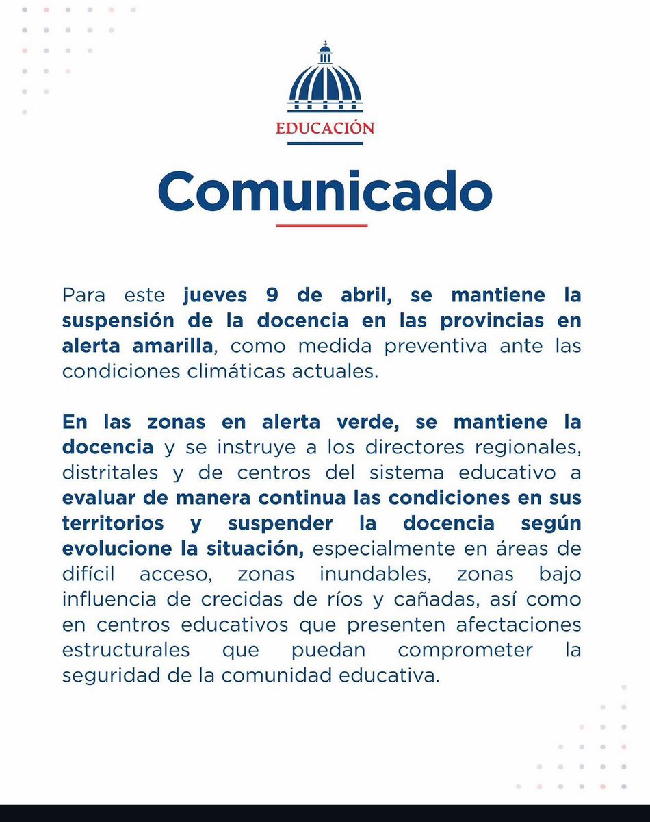 rcavada's tweet image. Ministerio de Educación mantiene suspensión de docencia en provincias en alerta amarilla y refuerza medidas preventivas ante lluvias

robertocavada.com/ministerio-de-…

#RobertoCavada #RCNoticias #EducaciónRD #COE