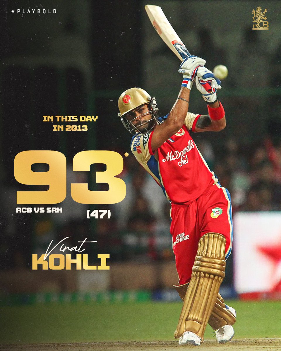 RCBTweets's tweet image. #OnThisDay in 2️⃣0️⃣1️⃣3️⃣, the chase master did what he is known for the best, chasing down difficult targets. 🎯🔥

Virat Kohli scored a swashbuckling 9️⃣3️⃣* (47) 🆚 SRH, which included 1️⃣1️⃣ fours, and 4️⃣ sixes to help RCB win the game. 👊

#PlayBold #ನಮ್ಮRCB